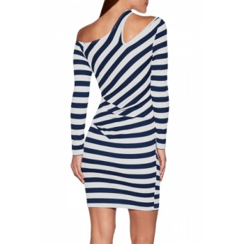 Black Striped Asymmetric Shoulder Cutout Mini Dress Navy